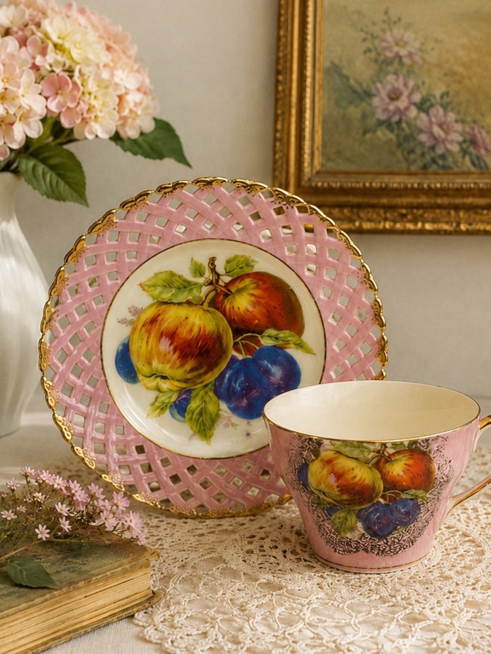 Vintage LM Royal Halsey Pink Luster Iridescent Fruit Teacup & Saucer Set Japan